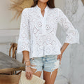 Damen Bluse mit Lochmuster und ausgestellten Ärmeln R&B