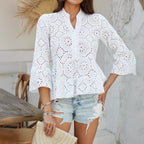 Damen Bluse mit Lochmuster und ausgestellten Ärmeln R&B