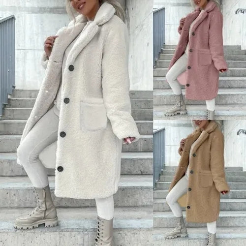 Damen Kuscheliger Fleece-Mantel mit Taschen und Knopfverschluss R&B
