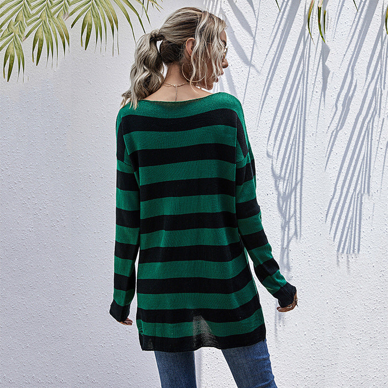 Damen gestreifter Oversized Pullover mit tiefem V-Ausschnitt und trendigen Cut-Outs R&B