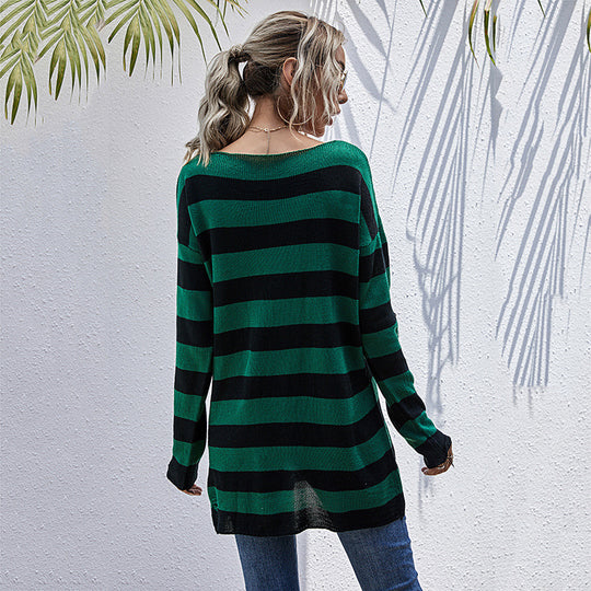 Damen gestreifter Oversized Pullover mit tiefem V-Ausschnitt und trendigen Cut-Outs R&B