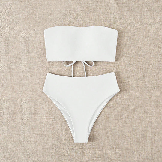 Damen Bandeau-Bikini mit hohem Taillenbund und verstellbaren Bindebändern R&B