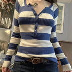 Damen Langarmshirt mit Knopfleiste und Streifenmuster R&B