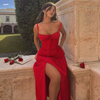 Damen Elegantes Maxikleid mit gerafftem Oberteil und ausgestelltem Rock R&B