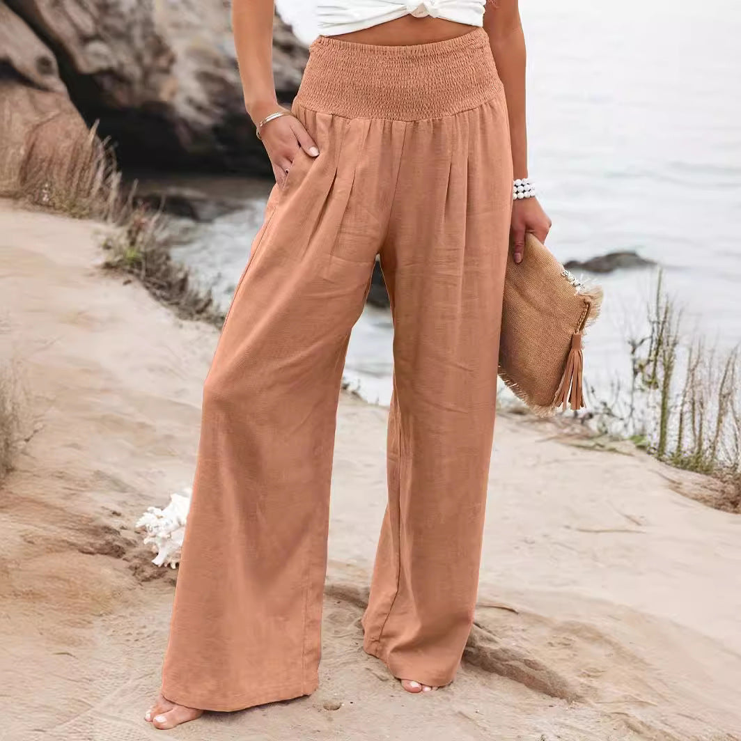Damen Weite Leinenhose mit elastischem Bund und Falten R&B
