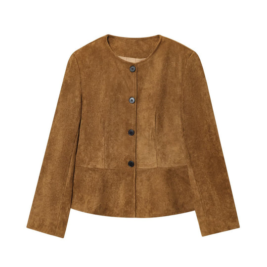 Damen elegante Kunstlederjacke mit knopfbeschichtetem Design R&B