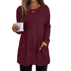 Damen lässiger Strickpullover mit seitlichen Eingrifftaschen und Rippenstruktur R&B