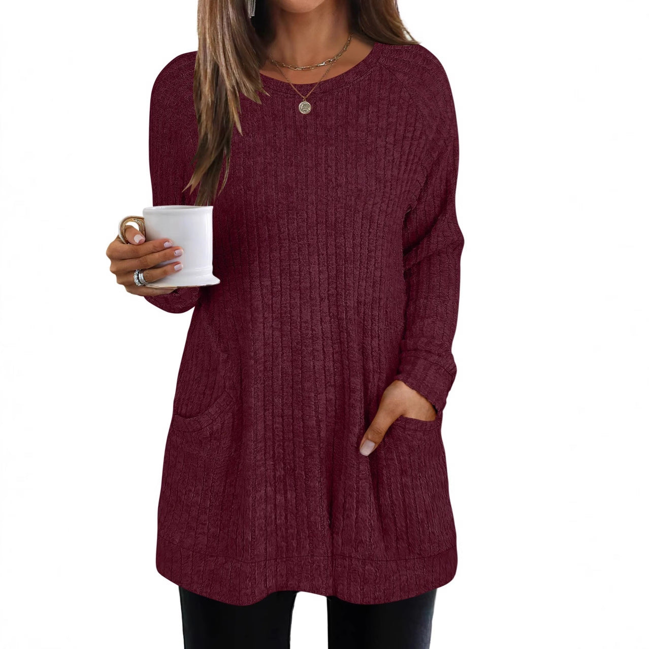 Damen lässiger Strickpullover mit seitlichen Eingrifftaschen und Rippenstruktur R&B