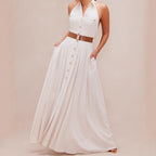 Damen Elegantes Maxikleid mit tiefem V-Ausschnitt und schmeichelndem Taillengürtel R&B