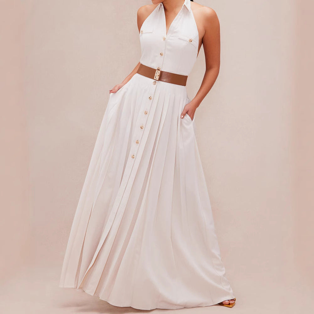 Damen Elegantes Maxikleid mit tiefem V-Ausschnitt und schmeichelndem Taillengürtel R&B