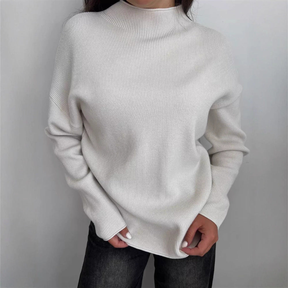 Damen Modernes Strickoberteil mit hochgeschlossenem Kragen und feinem Rippenmuster