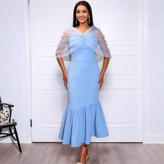 Damen elegantes Midikleid mit transparenter Überwurfjacke R&B