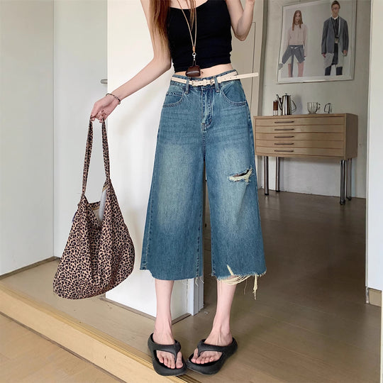 Damen Weite Denim-Hosen mit Rissdetails R&B