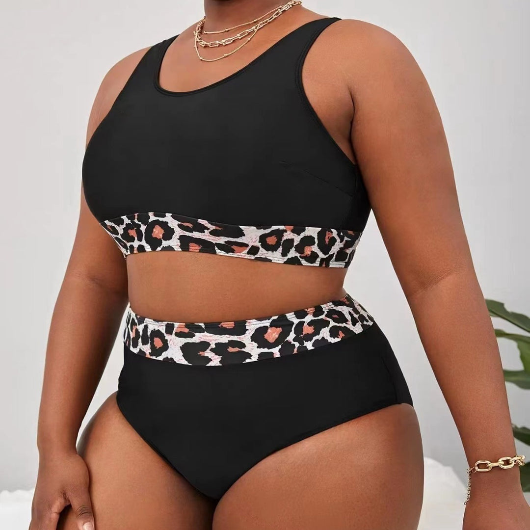 Damen Sportlicher Hochschnitt-Bikini mit Leopardenmuster R&B