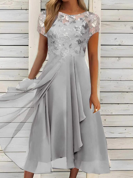 Damen nan fließendes Chiffon-Midikleid mit blumenbesticktem Oberteil und asymmetrischem Stufenrock R&B