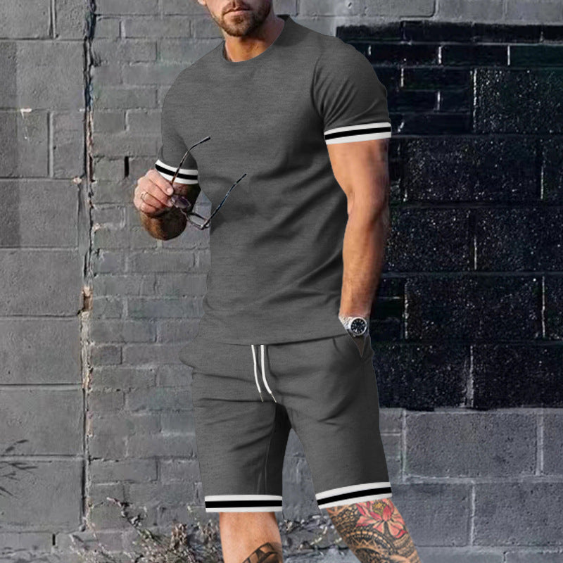 Herren nan athletisches Freizeit-Set aus Baumwoll-Feinjersey mit Kontrastbündchen und Kordelbund-Kurzhose R&B