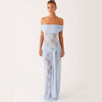 Damen Elegant drapiertes Spitzenkleid mit off-shoulder Design R&B