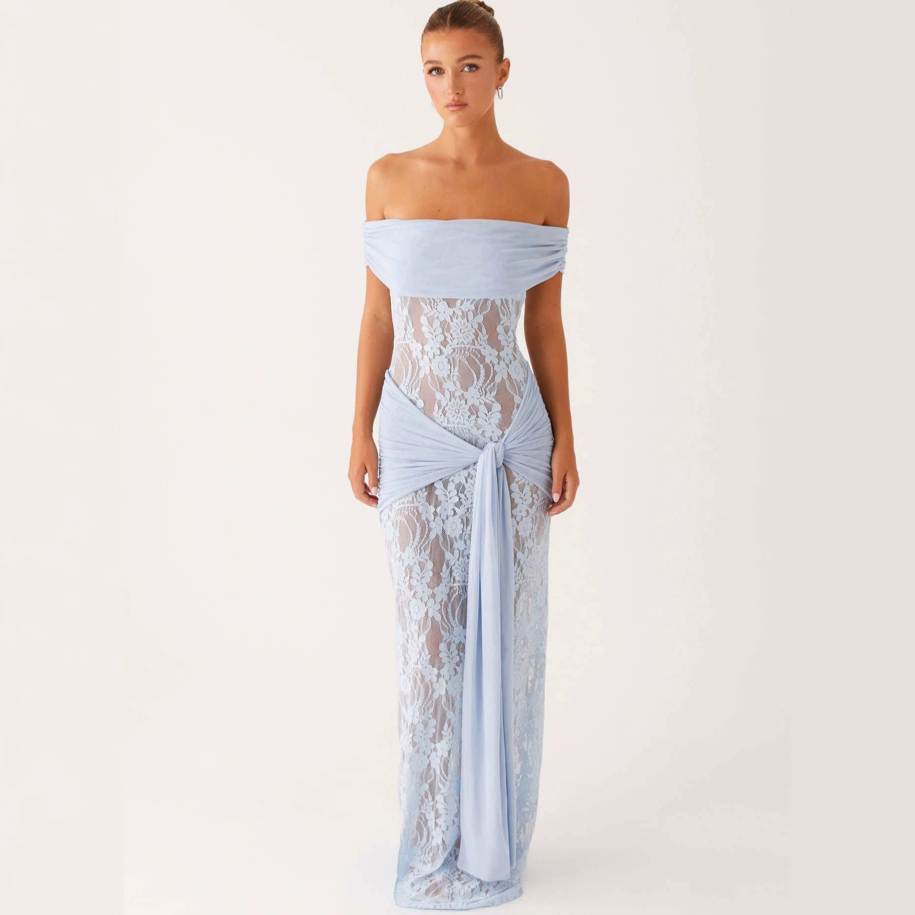 Damen Elegant drapiertes Spitzenkleid mit off-shoulder Design R&B