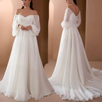 Romantisches Off-Shoulder Langarm Weißes Brautkleid für Hochzeit | R&B