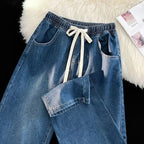 Damen lässige Denim-Hose mit elastischem Bund und praktischen Eingrifftaschen