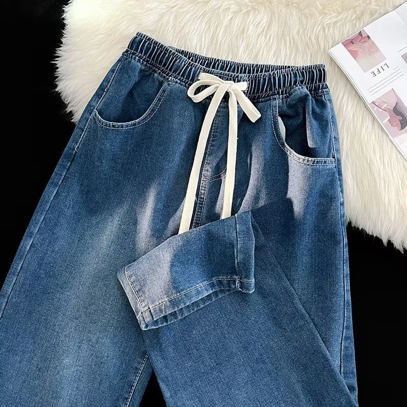 Damen lässige Denim-Hose mit elastischem Bund und praktischen Eingrifftaschen
