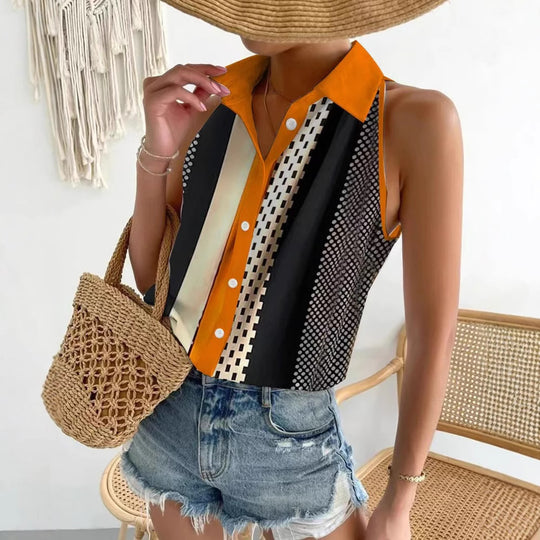 Damen nan ärmelloses Blusen-Top mit Hemdkragen, durchgehender Knopfleiste und asymmetrischem Paneelprint R&B