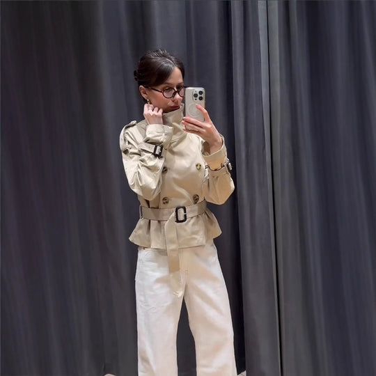 Damen Modischer Trenchcoat mit hohem Kragen und praktischen Seitentaschen R&B