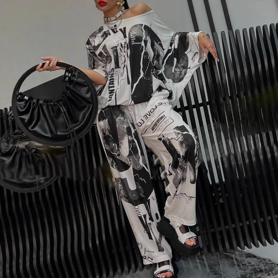 Damen nan zweiteiliges weites Satin-Freizeit-Set mit schulterfreiem Fledermaus-Top und Palazzohose R&B