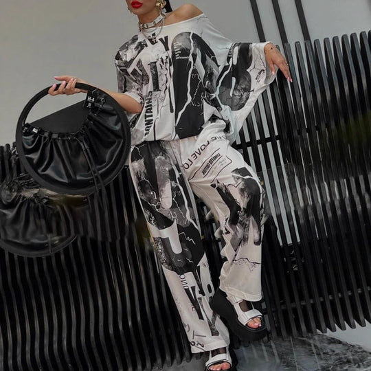 Damen nan zweiteiliges weites Satin-Freizeit-Set mit schulterfreiem Fledermaus-Top und Palazzohose R&B