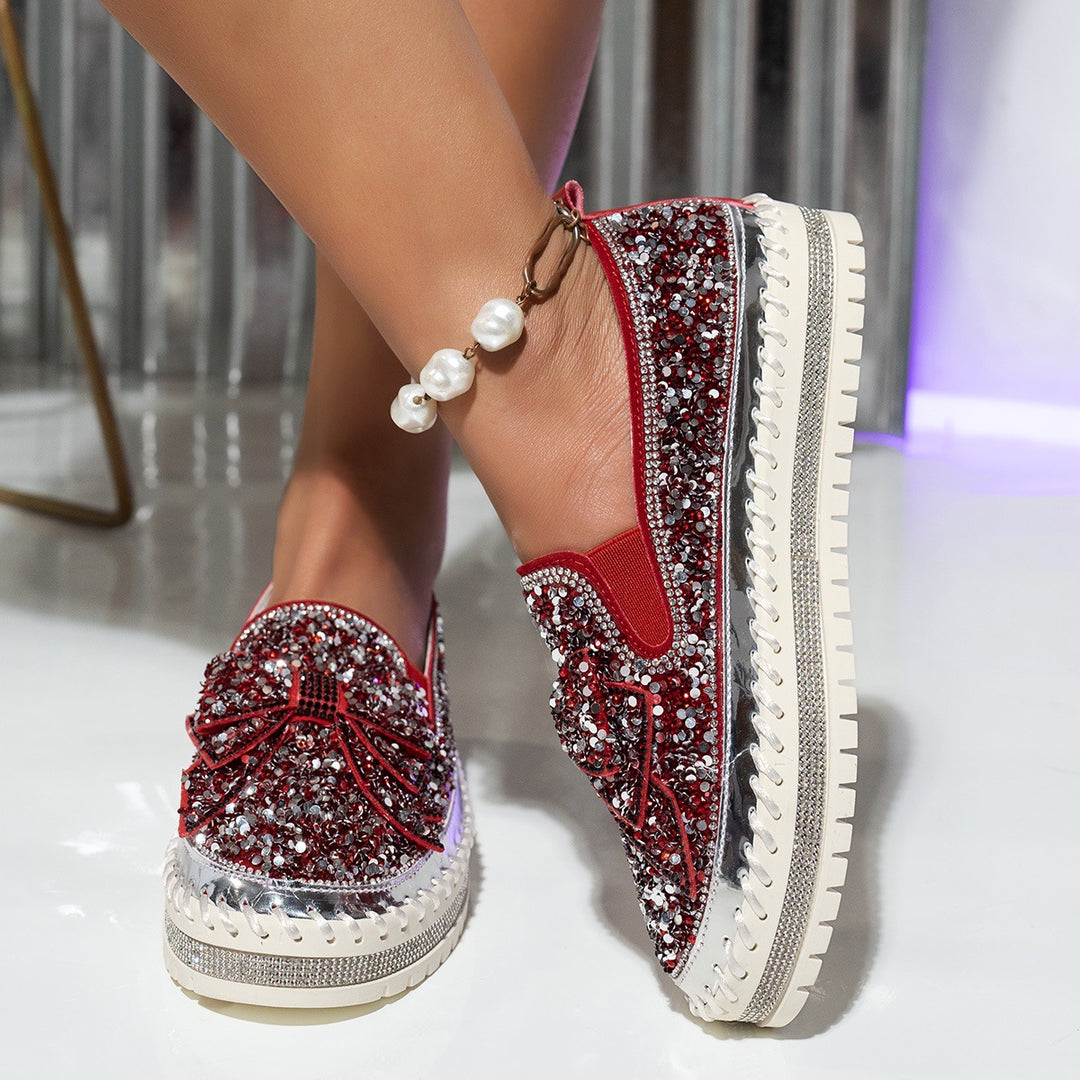 Damen Glitzernde Slip-On Sneakers mit dekorativem Schleifen- und Strass-Detail R&B