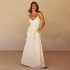 Damen elegantes Maxikleid mit zartem V-Ausschnitt und fließendem Rock R&B