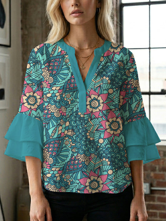 Damen Bluse mit voluminösen Rüschenärmeln und kreativem Floraldesign R&B