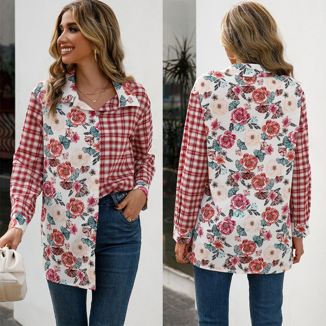 Damen Trendige Karobluse mit floralem Patchwork-Design R&B