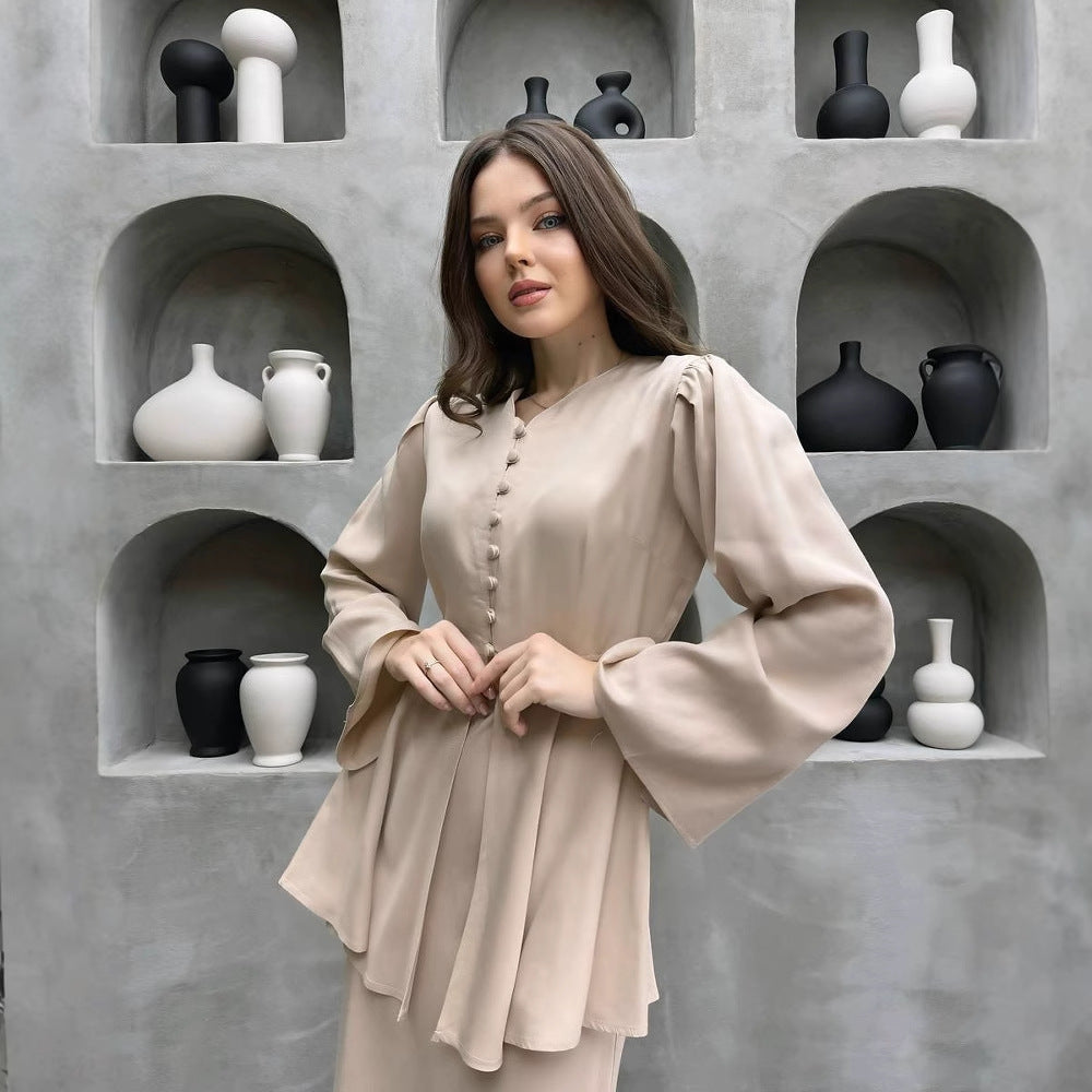 Damen Elegantes Kleid mit Rüschendetails und Knopfleiste R&B