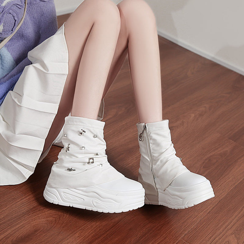 Damen nan Plateau-Stiefelette mit gerafftem Schaft und Musiknoten‑Zierapplikationen R&B