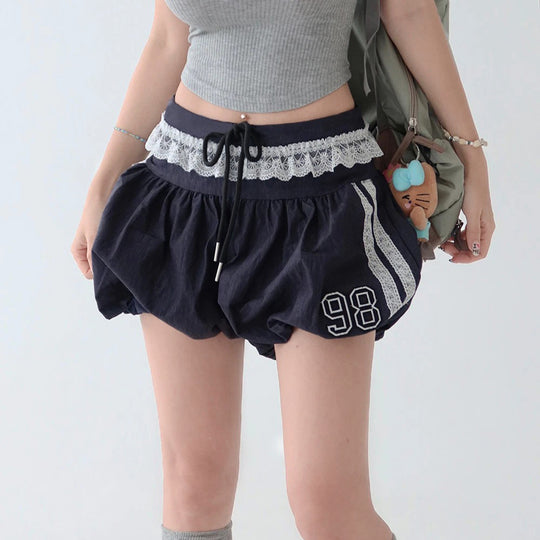 Damen sportliche und modische Shorts mit elegantem Spitzenbund und regulierbarem Taillenband R&B