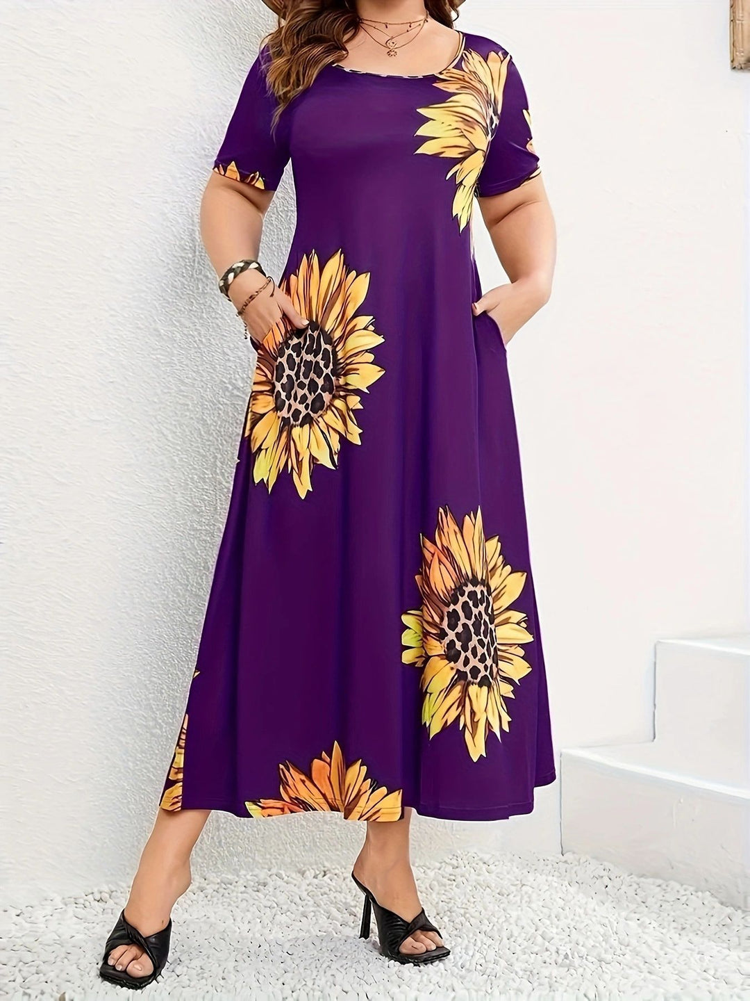 Damen Sommerliches Maxikleid mit floralem Sonnenblumenmuster und praktischen Taschen R&B
