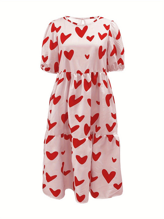 Damen Minikleid mit modernem Herzmuster und luftigen Ärmeln R&B