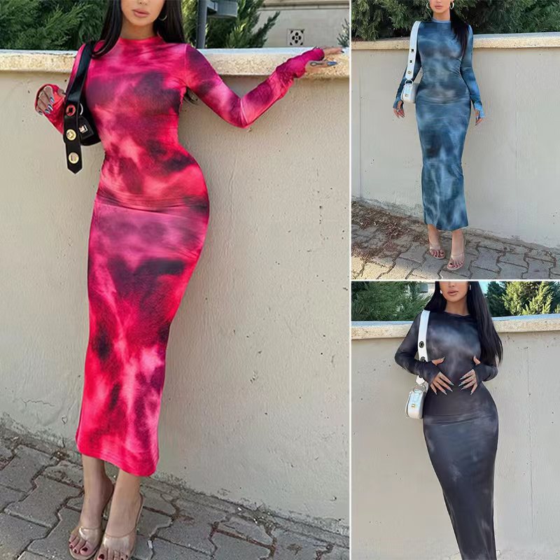 Damen Langarm Maxikleid aus Stretchmaterial mit abstraktem Farbverlauf R&B