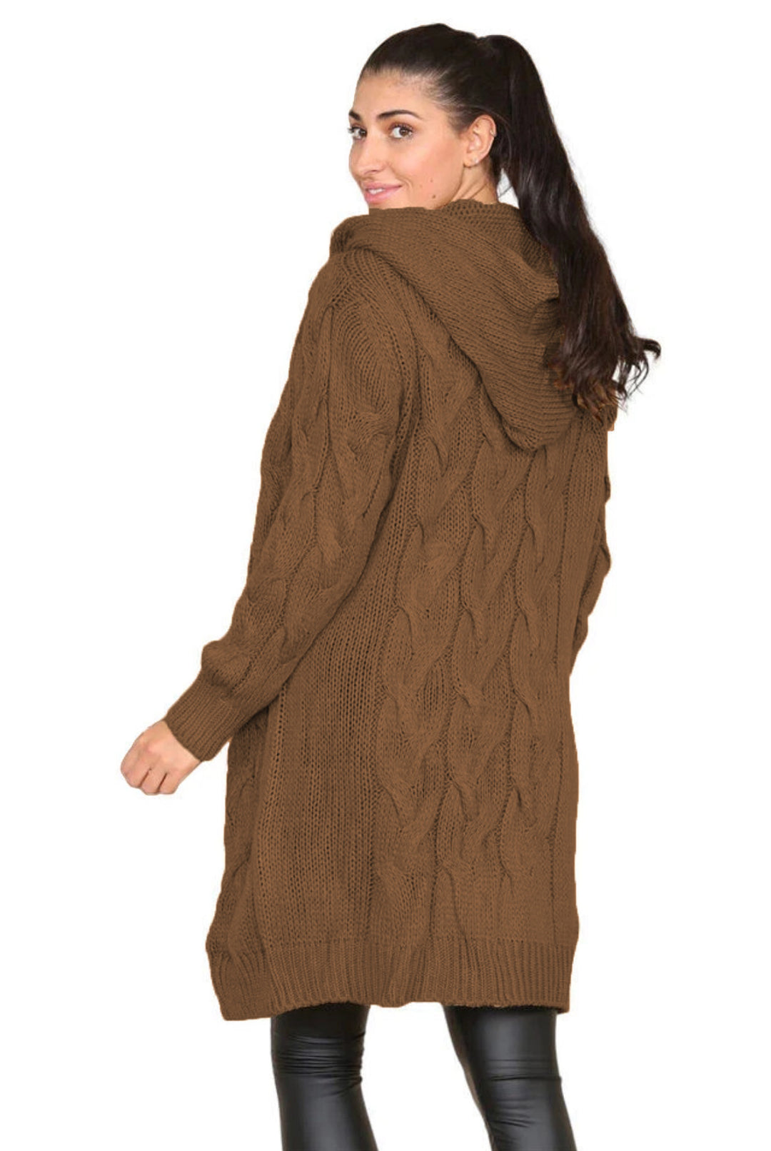 Damen Großer Strickmantel mit Kapuze und Zopfmuster R&B