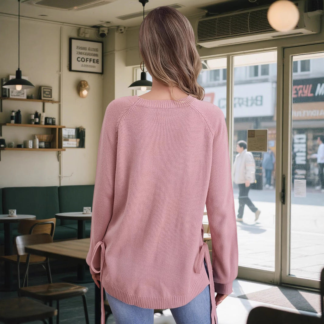 Damen modischer Pullover mit seitlichen BindR&Bändern R&B