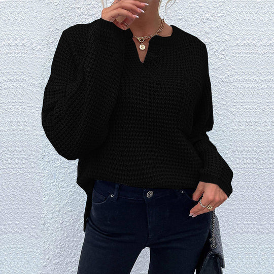 Damen lässiger Strickpullover mit V-Ausschnitt und strukturierter Oberfläche R&B