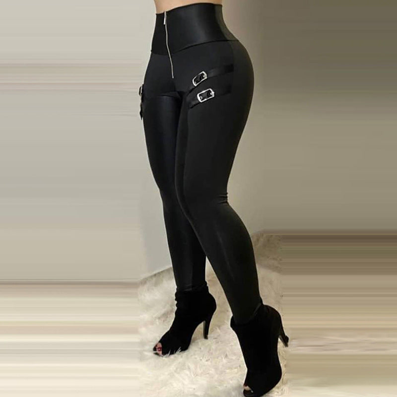 Damen Figurbetonte Kunstleder-Leggings mit Schnallen-Details R&B