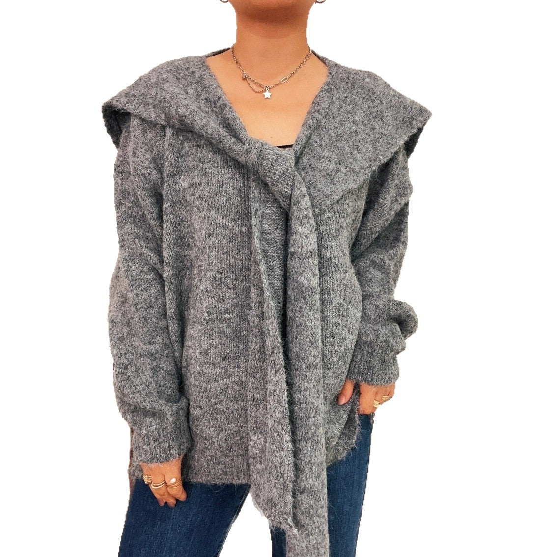 Damen lässiger Strickpullover mit abnehmbarer Kapuze und Knopfdetails R&B