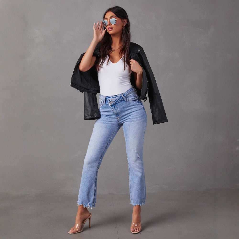Damen Flared Jeans mit fransigen Säumen und modischem Distressed-Effekt R&B
