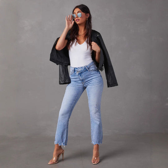 Damen Flared Jeans mit fransigen Säumen und modischem Distressed-Effekt R&B