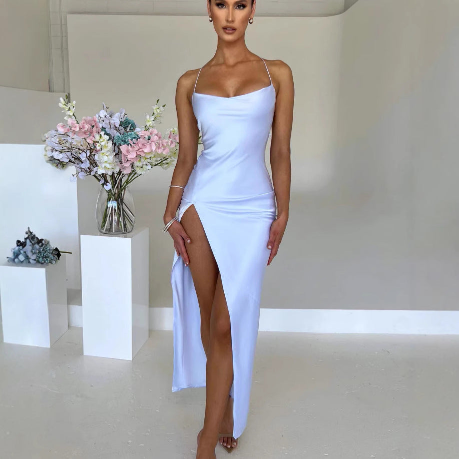 Damen Elegantes Maxikleid mit hochhängendem Schlitz und schmalem Trägerdesign EB