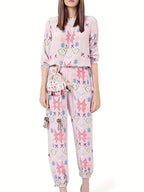 Damen Loungewear Set mit farbenfrohen geometrischen Mustern und elastischem Bund R&B