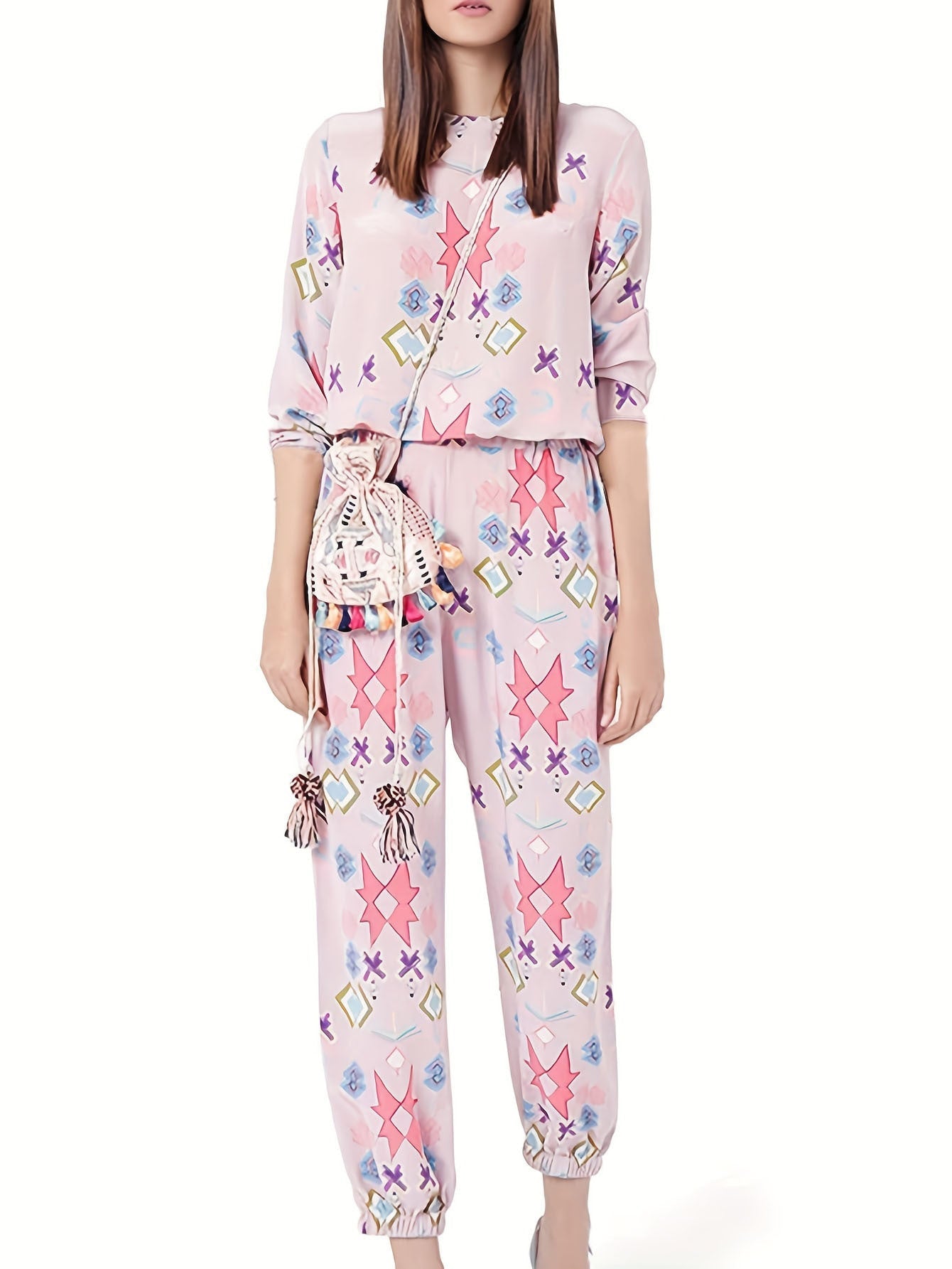 Damen Loungewear Set mit farbenfrohen geometrischen Mustern und elastischem Bund R&B