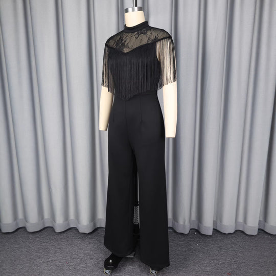 Damen Eleganter Jumpsuit mit schickem Fransen und Spitzenakzenten R&B